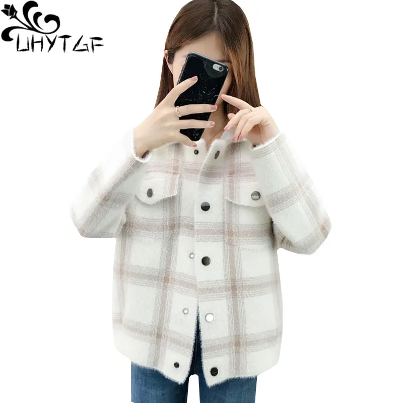 

UHYTGF Imitation mink cashmere Knitted autumn winter sweater coat Fashion plaid cardigan women short sweater coat pull femme 354