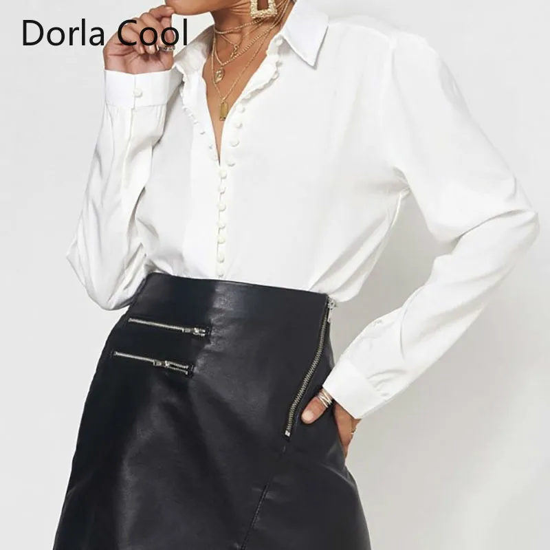 

European Women Chic Solid White Blouses Retro 2020 Autumn Designer Luxury Pearl Buttons Office Lady's Shirts Girl's Elegant Tops