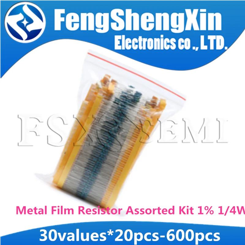 30values=300pcs 600pcs 1/4W  0.25W 1% Metal Film Resistor Assortment Kit Set pack electronic diy kit  (10R~1M) free shipping