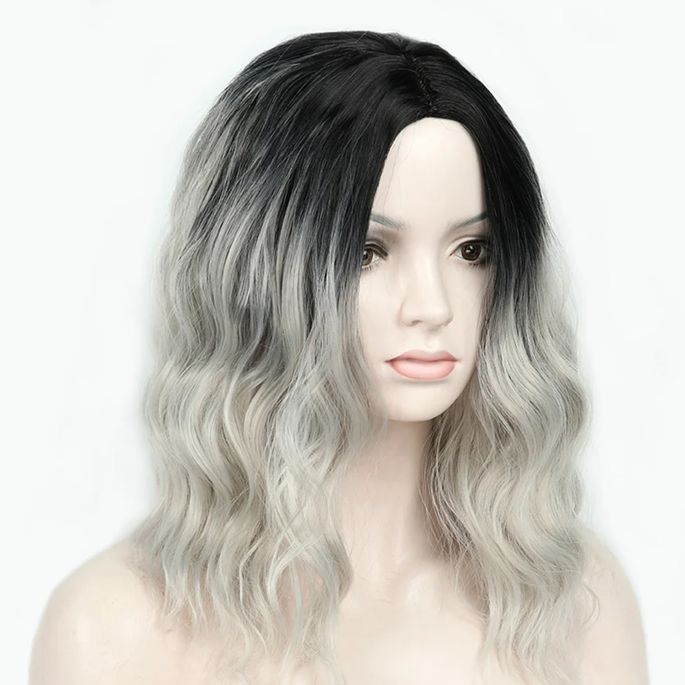 ValenWigs 1" натуральный эффектом деграде(переход от темного к парик коричневый смешанный светлые/Краска для волос, Серебряно-серый средняя часть Волнистые Синтетические волокна парики для Белый Черный Для женщин