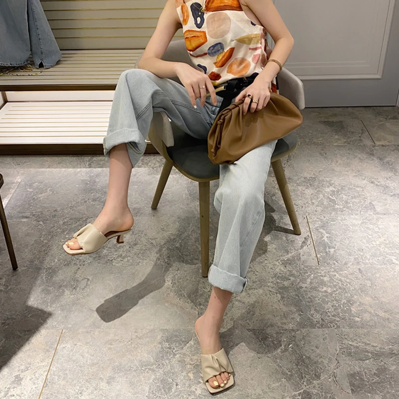 Женские кожаные сандалии MANLEGU черные шлепанцы с квадратным носком на высоком