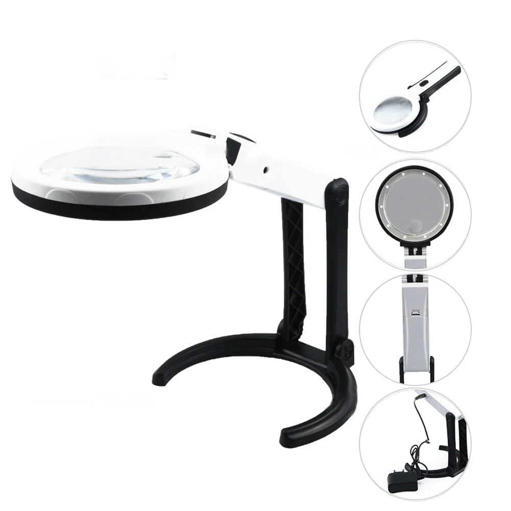 

1.8X 5X Portable Magnifying Glass Magnifier Lamp Durable Foldable Desk Folding 10 LEDs Working Tool Table Dual Purpose Handheld