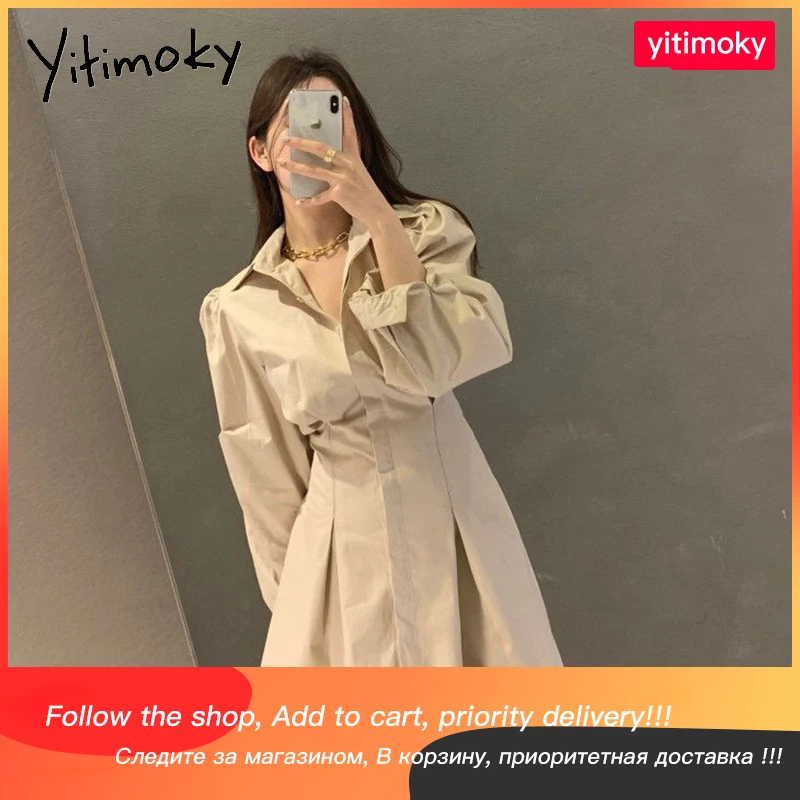 

Yitimoky Shirt Dress Korean Style Fashion Lantern Sleeve Clothing Single Breasted Casual Solid Turn-Down Collar Summer Dresses