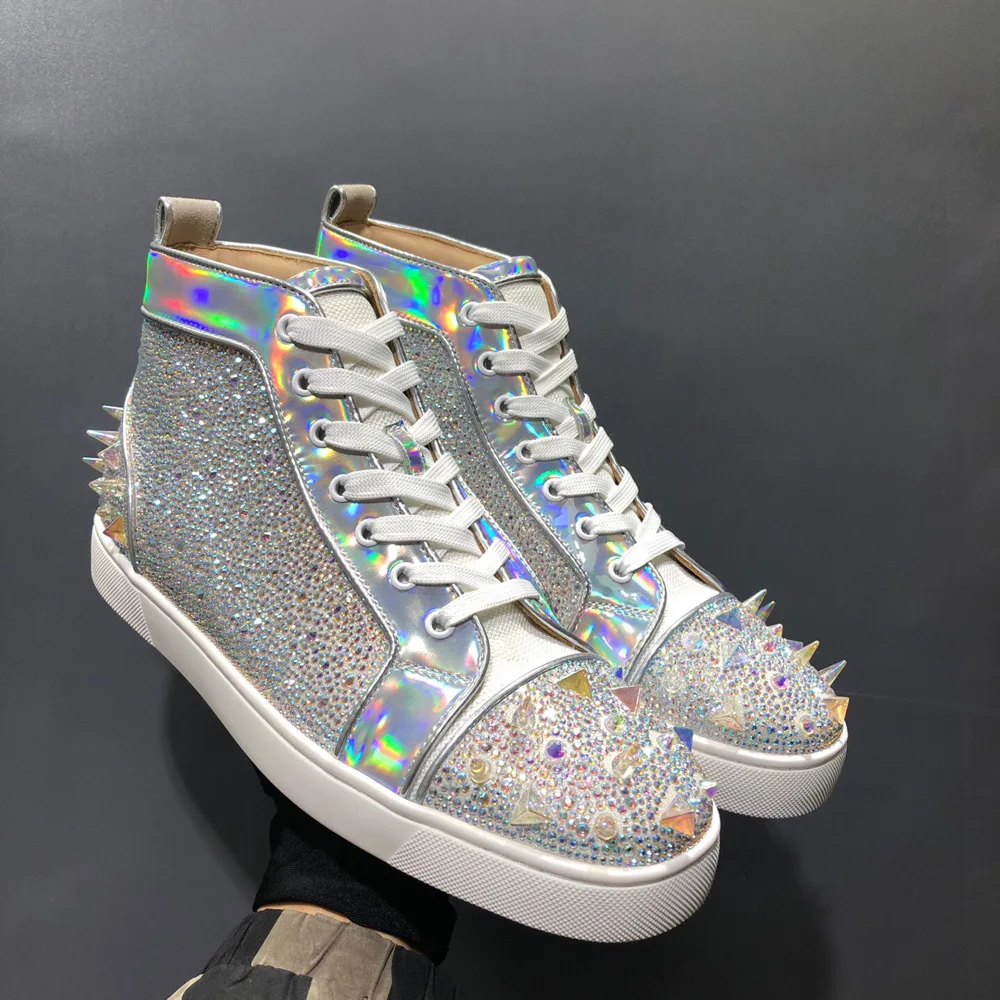 

High Top Red Bottom Men Shoes Silver Full Of Rhinestones Pearl Rivets Patent Leather Luxury Ladie Flat Loafers Casual Sport Shoe