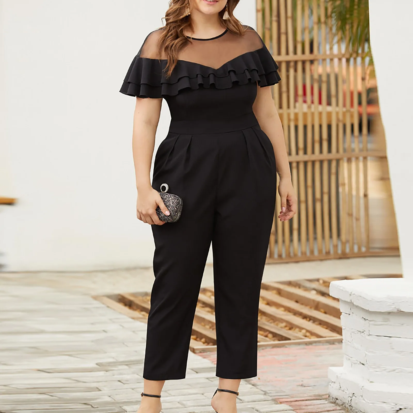 

Plus Size Black Jumpsuit Women Stitching Ruffled Mesh Patchwork Short Sleeve Small Feet Thin Jumpsuit Summer Ol Office Overalls