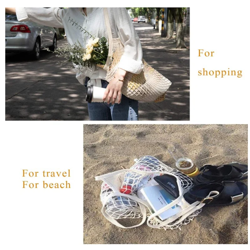 

Washable Mesh Bag Portable Cotton Reusable Grocery Bags Fruit Vegetable Organic Tote Organizer Bag Long Handle Net