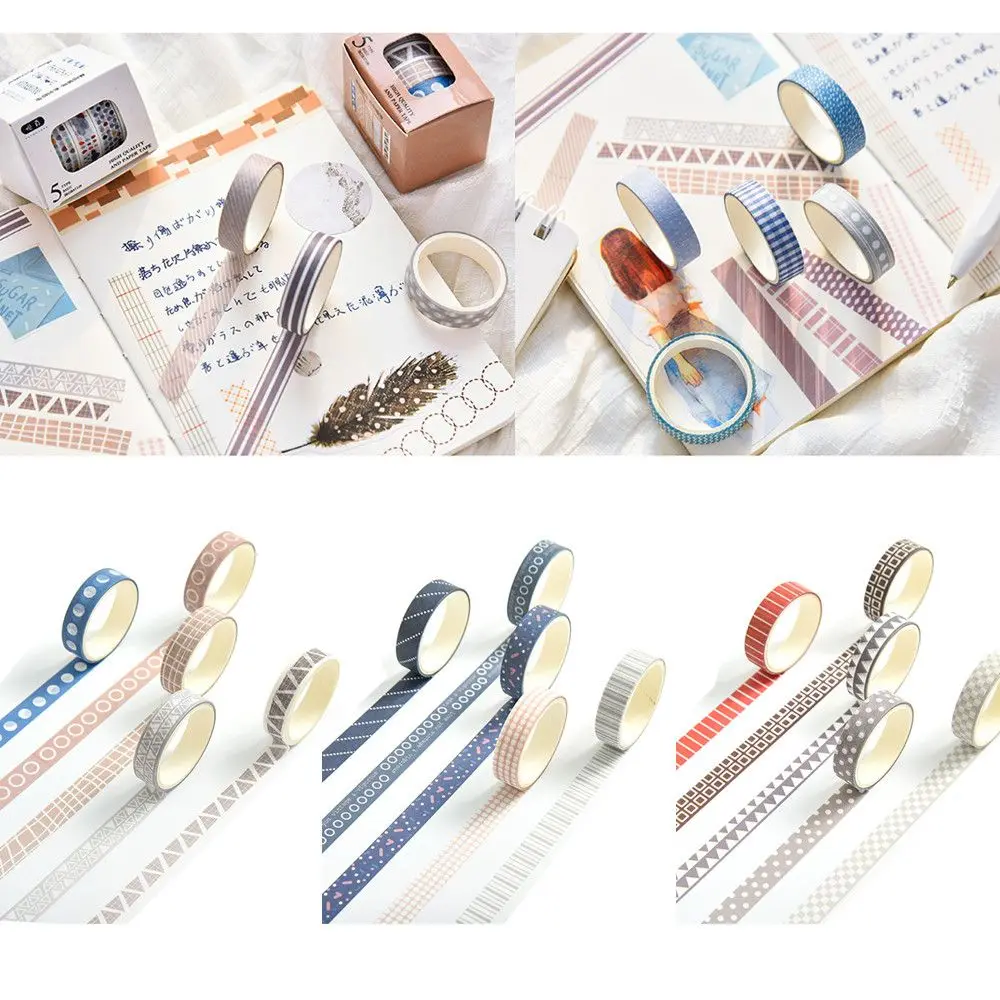 

5Rolls/Box Creative Washi Tape Masking Tape Set Basic Pattern DIY Scrapbooking Diary Journal Decorative Adhesive Accessories
