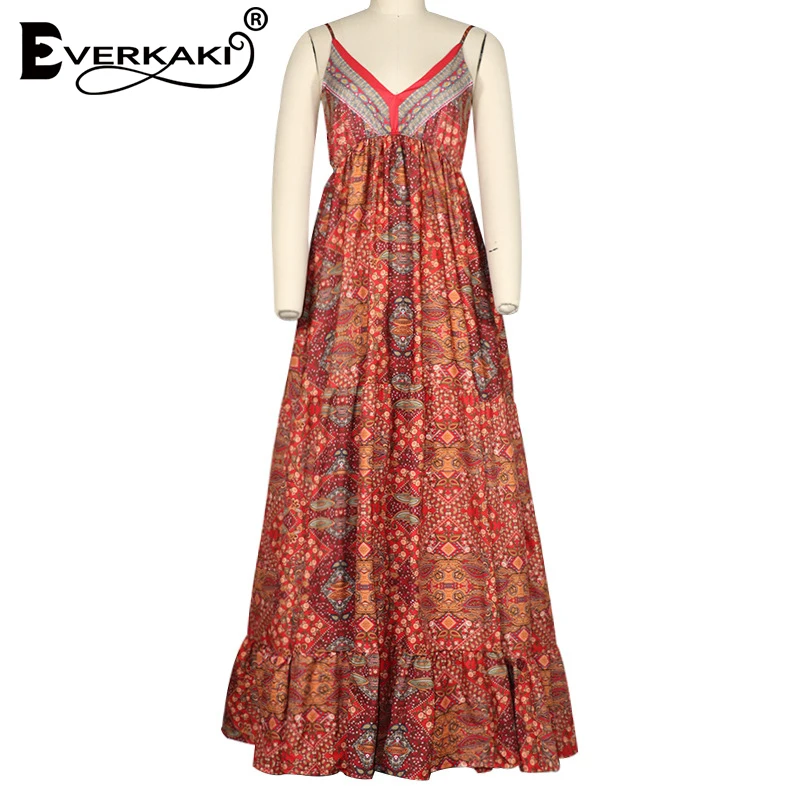 

Everkaki Boho Print Maxi Strap Dress Women Summer Beach Sexy Sleeveless Party Vintage Plus Size Long Dress Female 2021 Vestidos