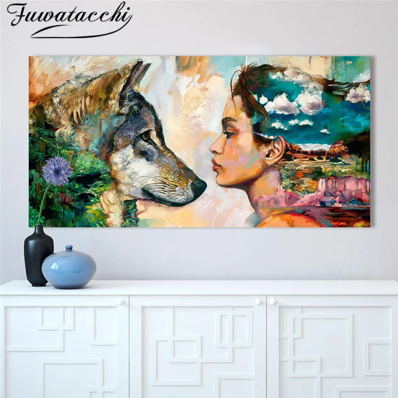 Fuwatacchi Abstract Oil Painting Poster Large Size Canvas Wolf and Girl Prints Wall Hanging Pictures Printings for Living Room | Дом и сад