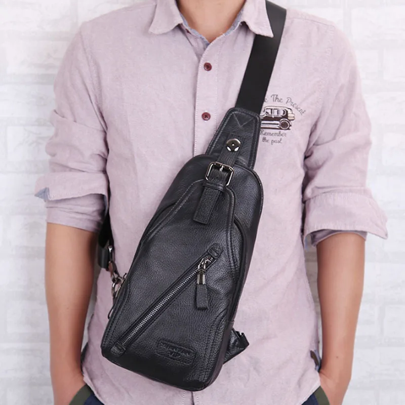 

Men Genuine Leather Chest Bag High Quality trend fashion Sling Chest Pack Back famous brand Messenger Shoulder Bag