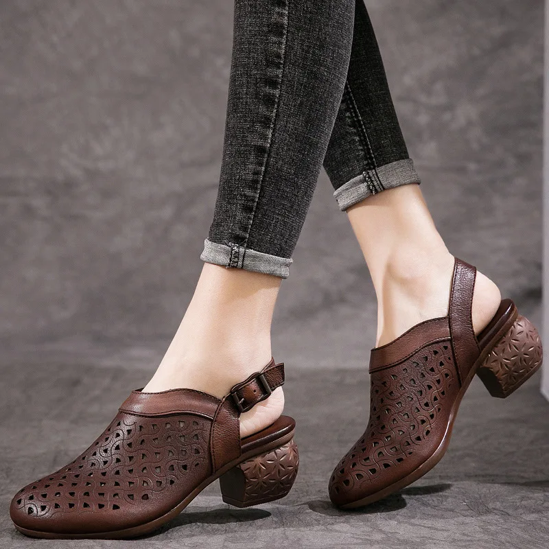 

Summer New Women Shoes Covered Toe Shoes Chunky Heel Sandals Non-slip Wear-resistant Casual Hollow Shoes Cow Leather Shoes