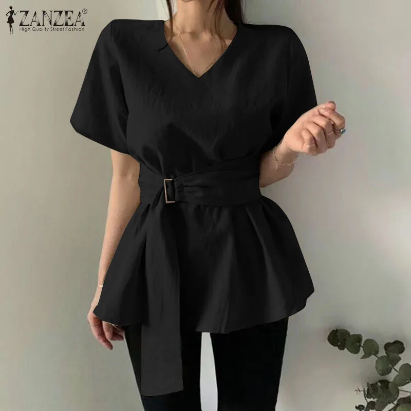 

Блузка ZANZEA женская с V-образным вырезом, Элегантная Модная туника с коротким рукавом, однотонная Повседневная офисная рубашка с поясом, лето...