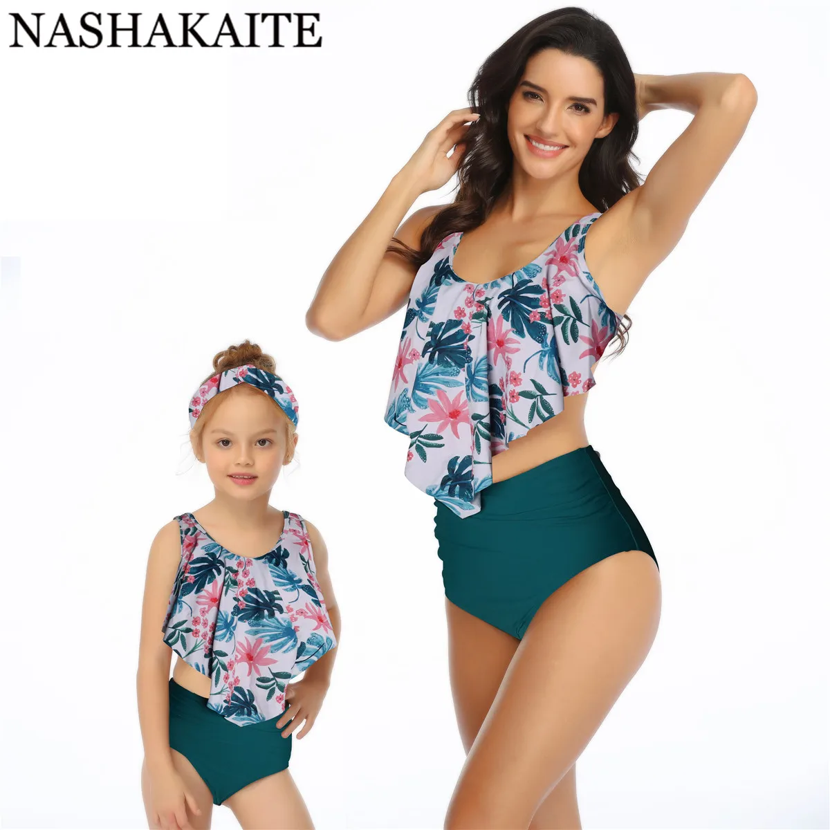 NASHAKAITE/купальный костюм для мамы и дочки; Летний Пляжный комплект бикини; купальник с оборками и принтом для мамы и дочки; Семейный комплект купальников