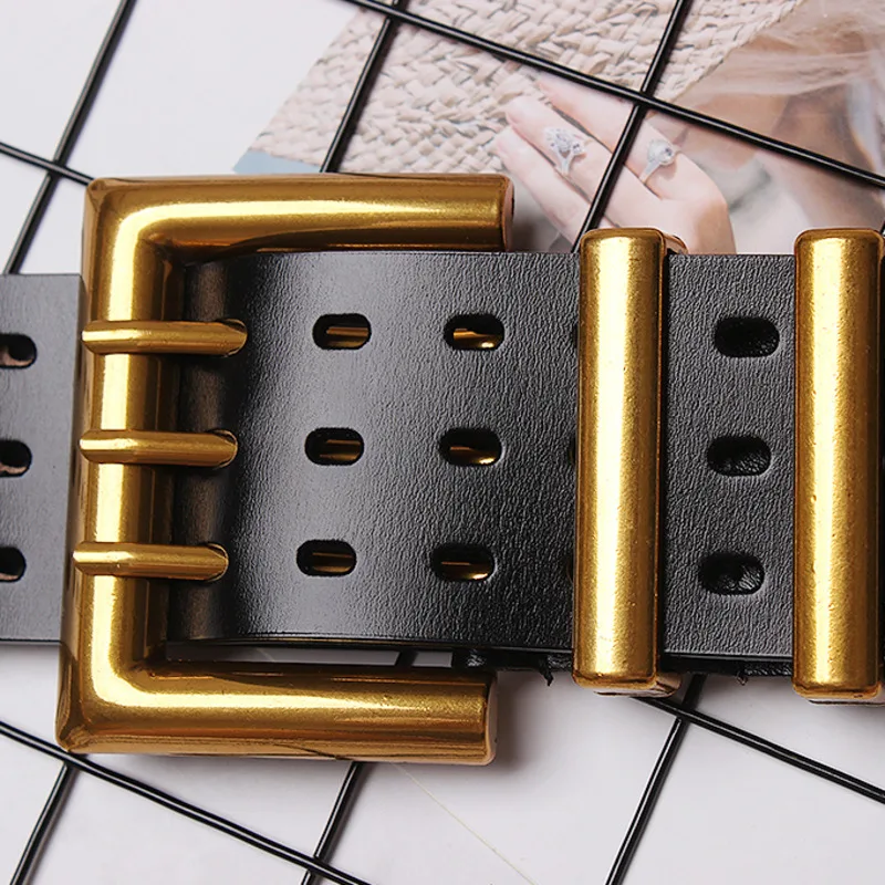 Женский ремень из ПУ кожи EAM широкий металлический с тремя штырьками и пряжкой PE329