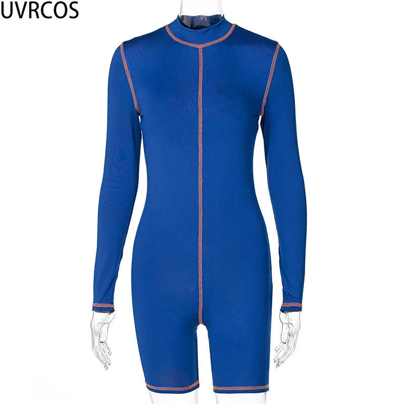 

UVRCOS Rompers Womens Jumpsuit Two Color Patchwork Summer Bar Praty Slim Stand Neck Elegance Elastic Fitness One Piece Playsuit