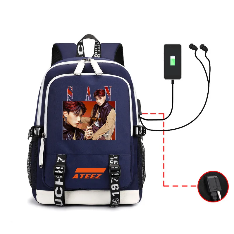 Kpop Ateez рюкзак периферийная сумка мужская и женская сумка на оба плеча Usb гарнитура линия компьютерная упаковка - Цвет: Blue -san
