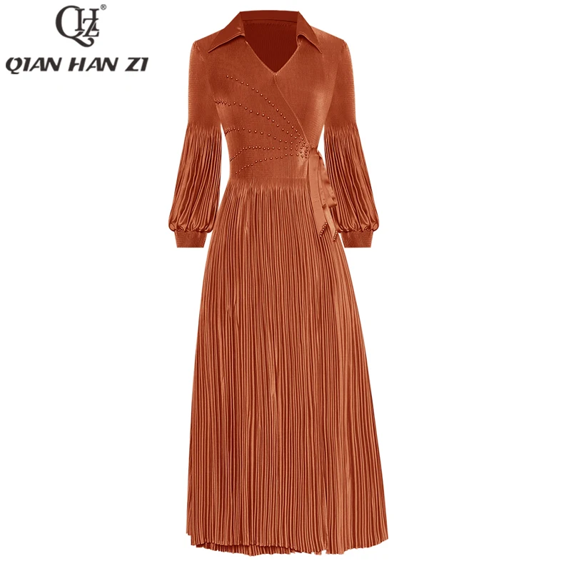 Дизайнерское модное осеннее платье Qian Han Zi с рукавами-фонариками и бусинами