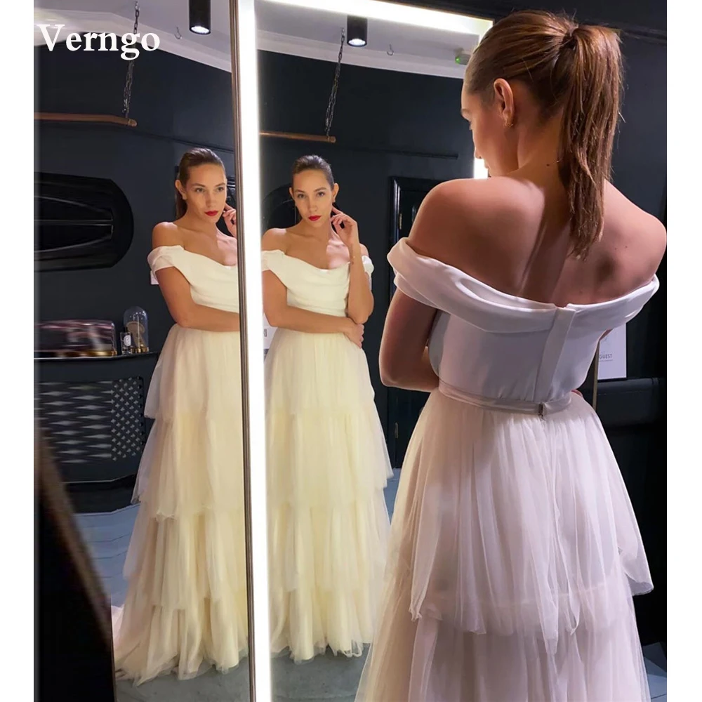

Verngo Vintage Off the Shoulder Wedding Dresses A Line Tiered Skirt Floor Length Long Bridal Gowns Long Bride Party Formal Dress