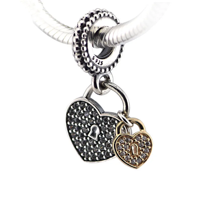Clear CZ Love Couple Sign Heart Locks Golden Shine Charms for Jewelry Making Fine Silver 925 Charm Beads Chain Bracelets DIY | Украшения и