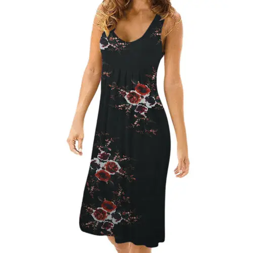 

NEW Womens Summer Sleeveless U-Neck Vest Dress Loose Tunic Floral Print Sundress