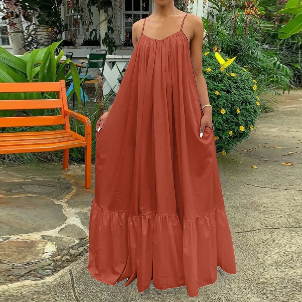 &amp35 Women Boho Dress Fashion Casual Solid Strap Pocket Loose Backless Big Swing Plus Size Summer 2020 | Женская одежда