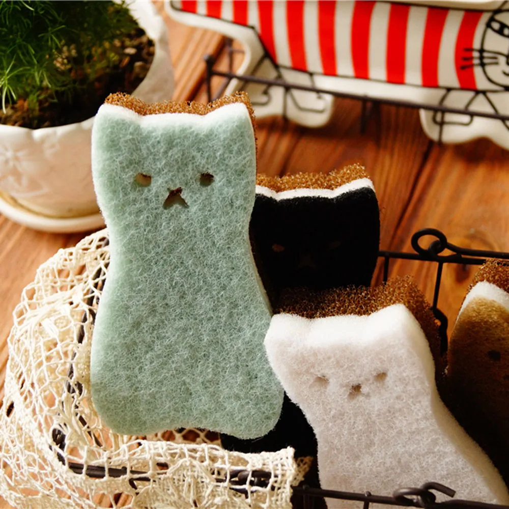

4pcs/lot Cute Cat Shape Sponge 3 Layer Sponge Strong Water Absorption Dishwashing Kitchen Cleaning Tool