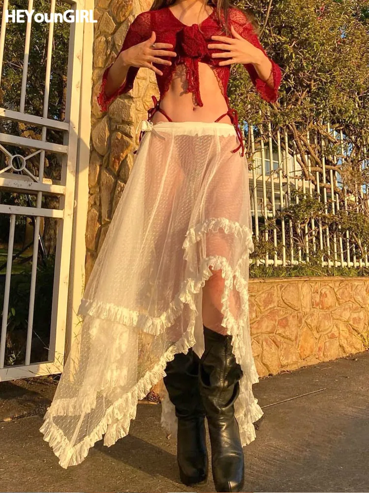 Женская длинная сетчатая юбка HEYounGIRL, белая Асимметричная Прозрачная Сексуальная Милая юбка с оборками, модная эстетичная Клубная одежда с ...