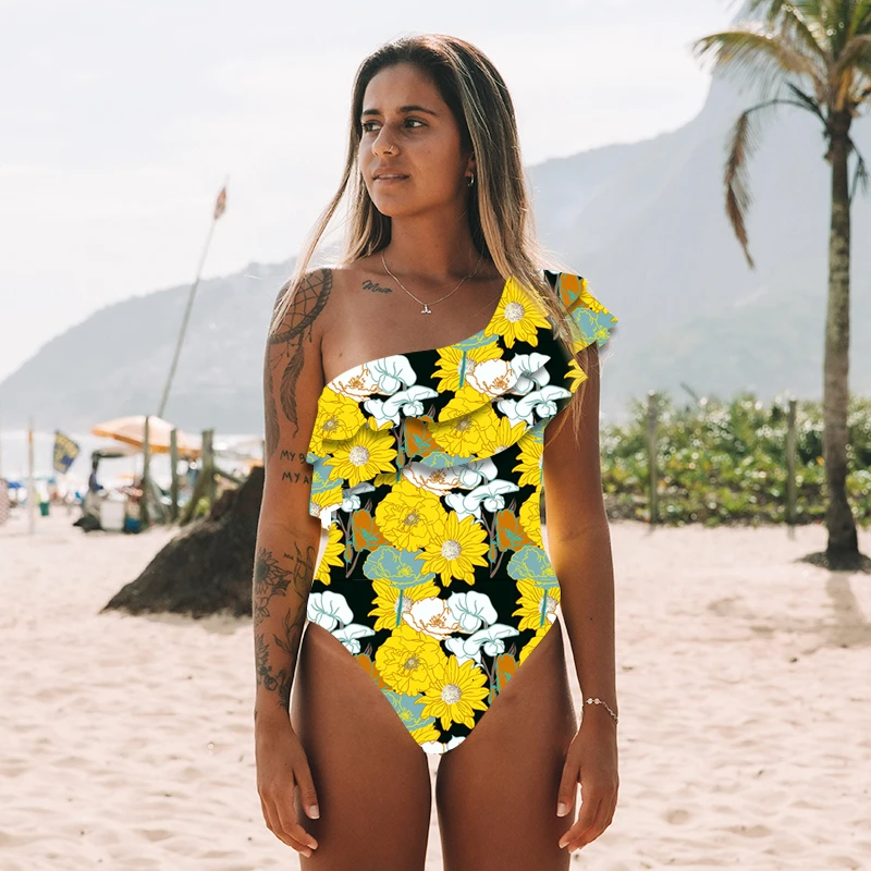 Новинка сексуальное бикини с принтом сдельный Купальник для женщин желтый