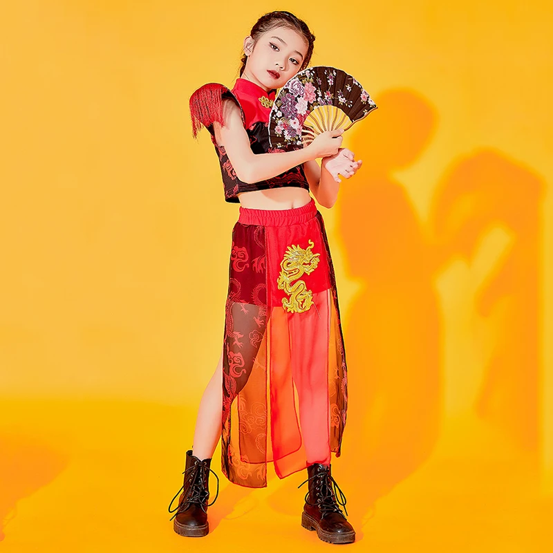 

Детские сценические костюмы в китайском стиле, красная одежда для девочек, одежда для джазовых танцев, выступлений, танцев в стиле хип-хоп, о...