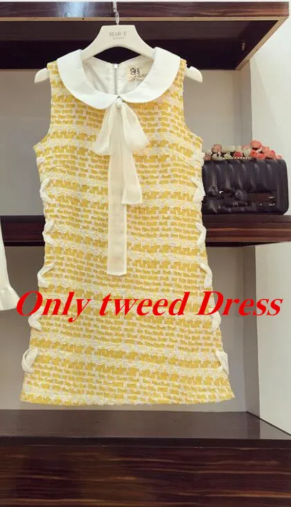 Only Tweed Dress Новая Осенняя коллекция года, желтое трикотажное платье-жилет с воротником «Питер Пэн» и белый свитер женский комплект 2 шт. клетчатое платье мини с бантом - Цвет: Only Tweed Dress