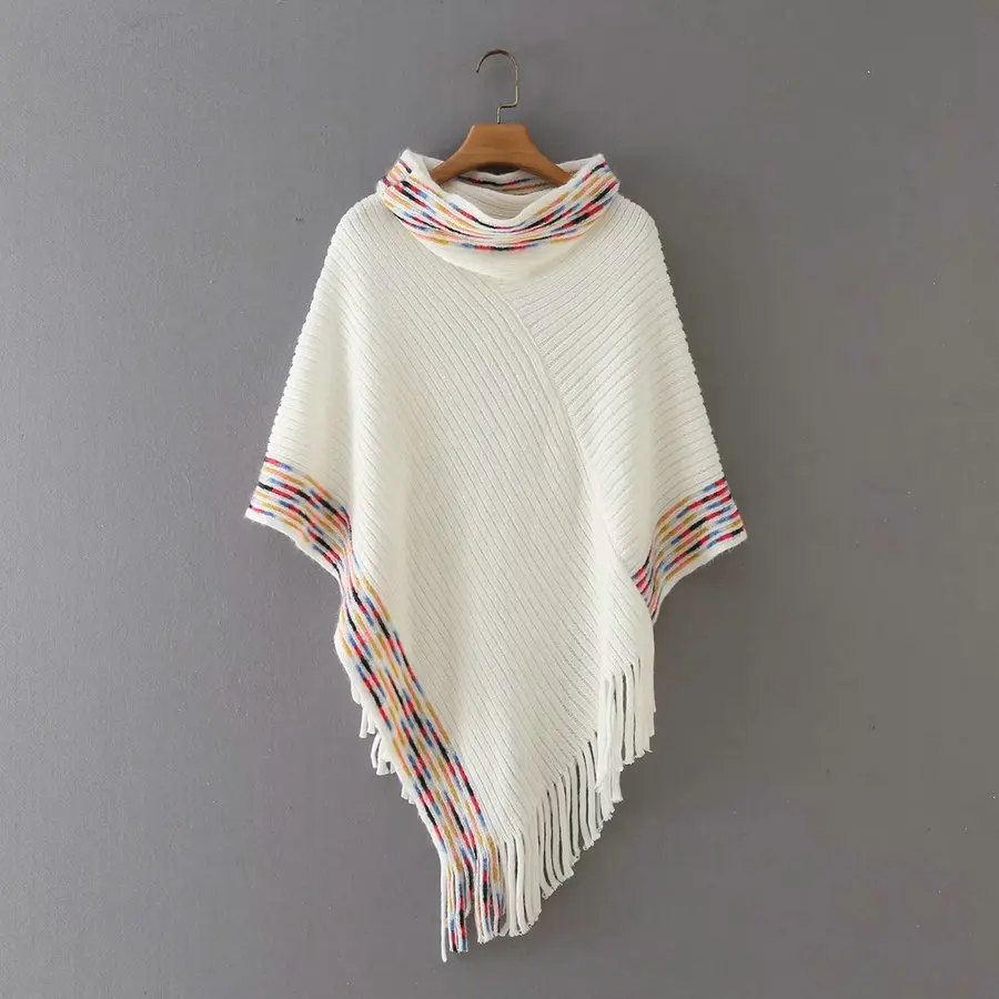 

Bohemia Style Women White Cozy Cape High Collar Oversized Poncho Tassels Design Leisure Cloak Pull Autumn New Arrival Wraps 2021