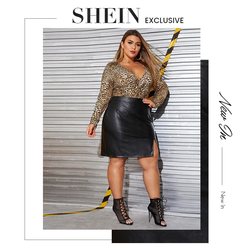 SHEIN плюс размер черная юбка с разрезом сбоку из искусственной кожи Женская Осенняя Однотонная юбка большого размера с моторным штормом Гламурные Мини прямые юбки