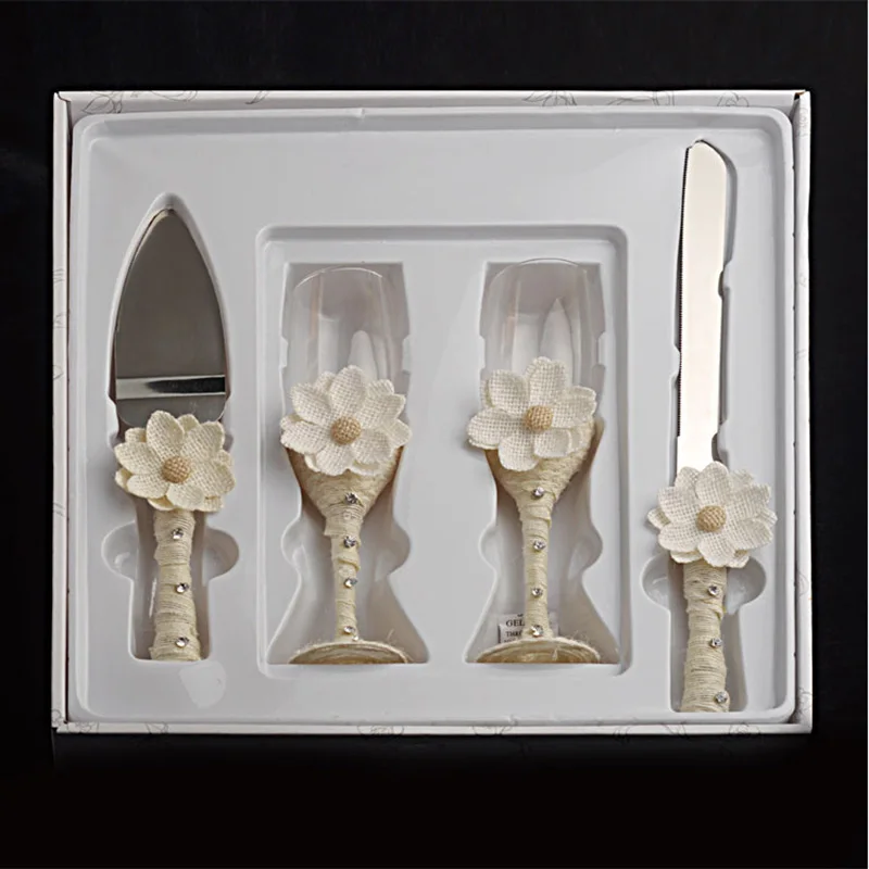 

4pcs Stainless Steel Ribbon Flower Decorated Cake Knife Serving Set Champagne Wine Glass Goblet Cup For Wedding Birthday Party