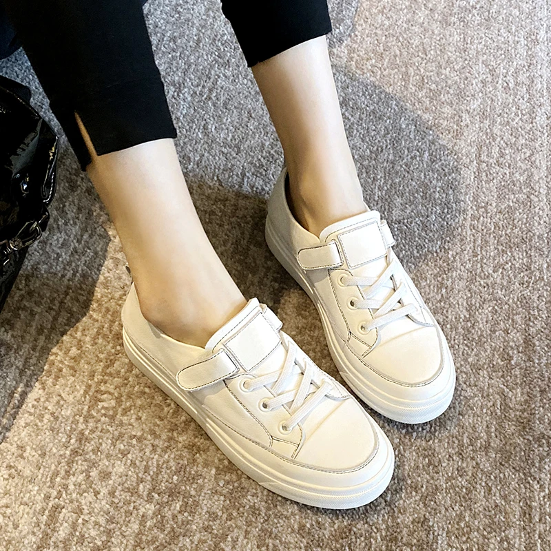 

CONASCO Basic Concise Women Flats Platforms Shoes Genuine Leather Loafers Flats Cross-Tied Casual New Hook & Loop Shoes Woman