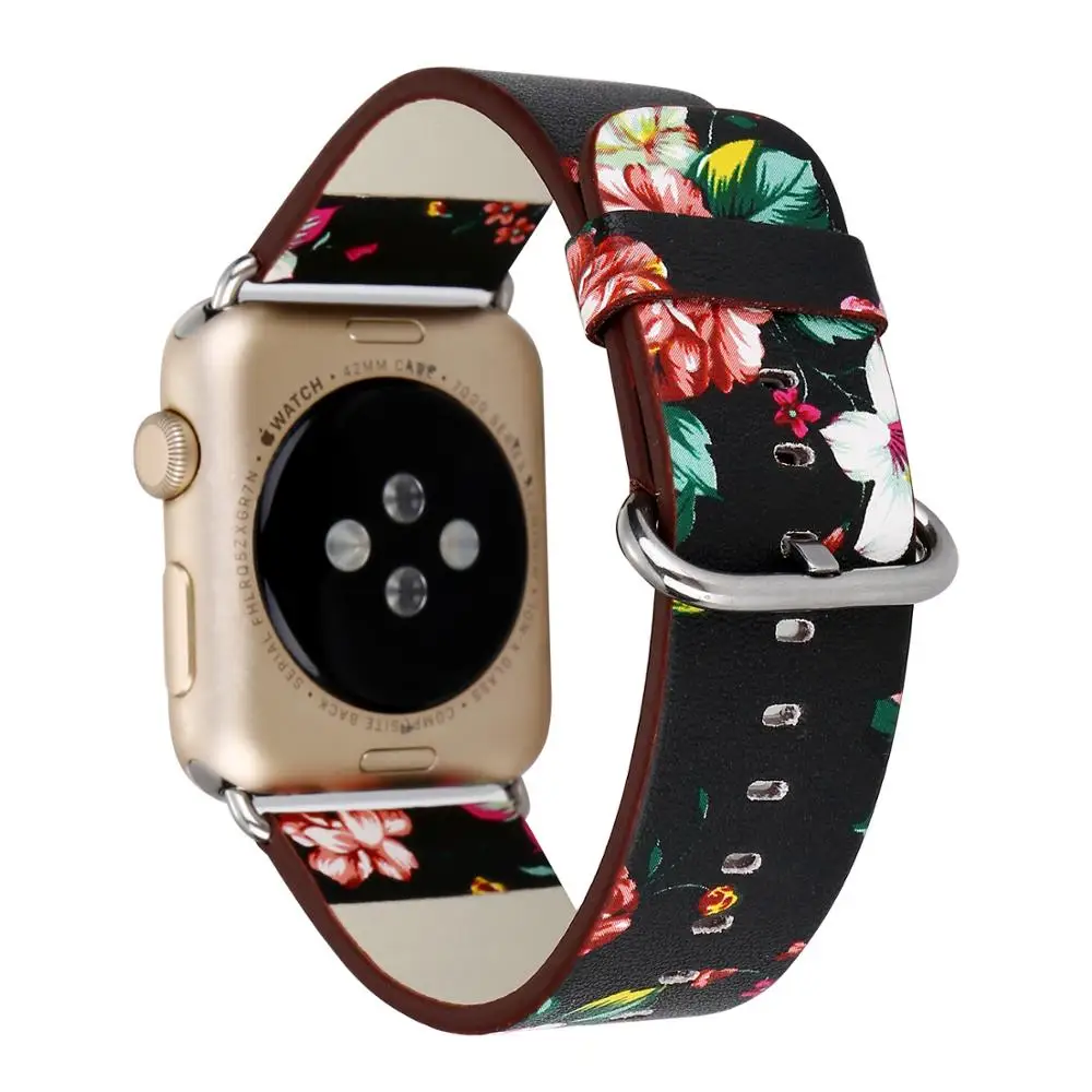 Genuine Leather Watch Band For Apple Watch Strap 44mm 40mm 38mm 42mm Women Flower Print Band Bracelet For Iwatch Series 6 5 SE