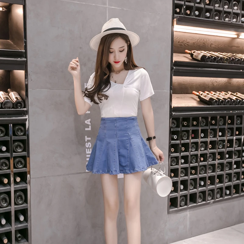 Мини юбка женская джинсовая плиссированная с высокой талией винтажная