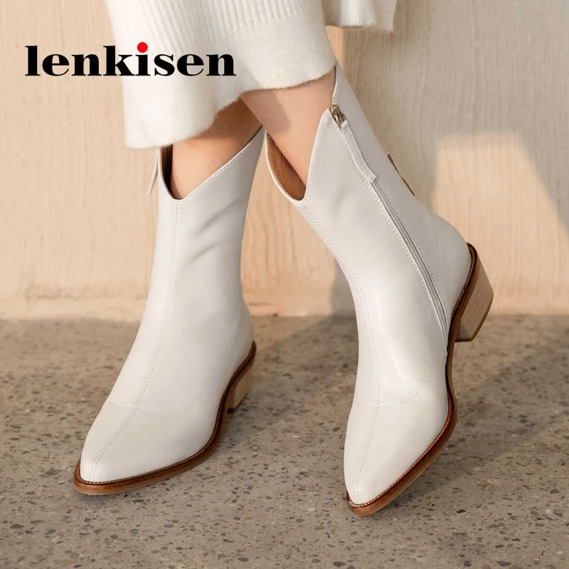 

Женские ковбойские ботинки Lenkisen, из натуральной кожи, с острым носком, на среднем каблуке, три цвета, элегантные модные новые ботильоны L74