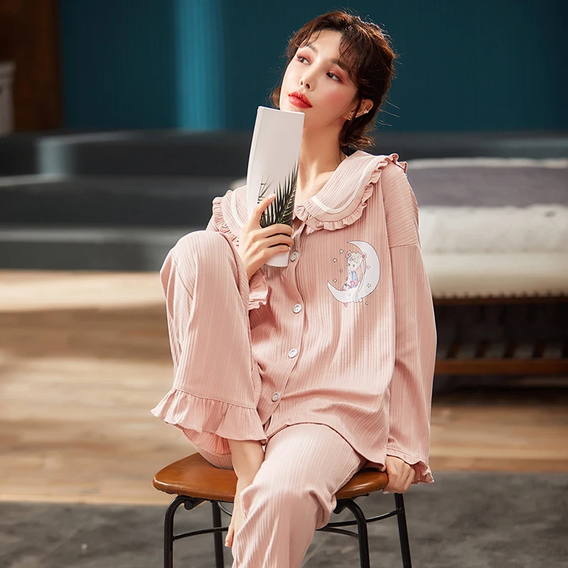 

Зимние теплые хлопковые женские пижамные комплекты, милый розовый кардиган, пижамы, милая Повседневная Пижама с принтом в виде звеньев