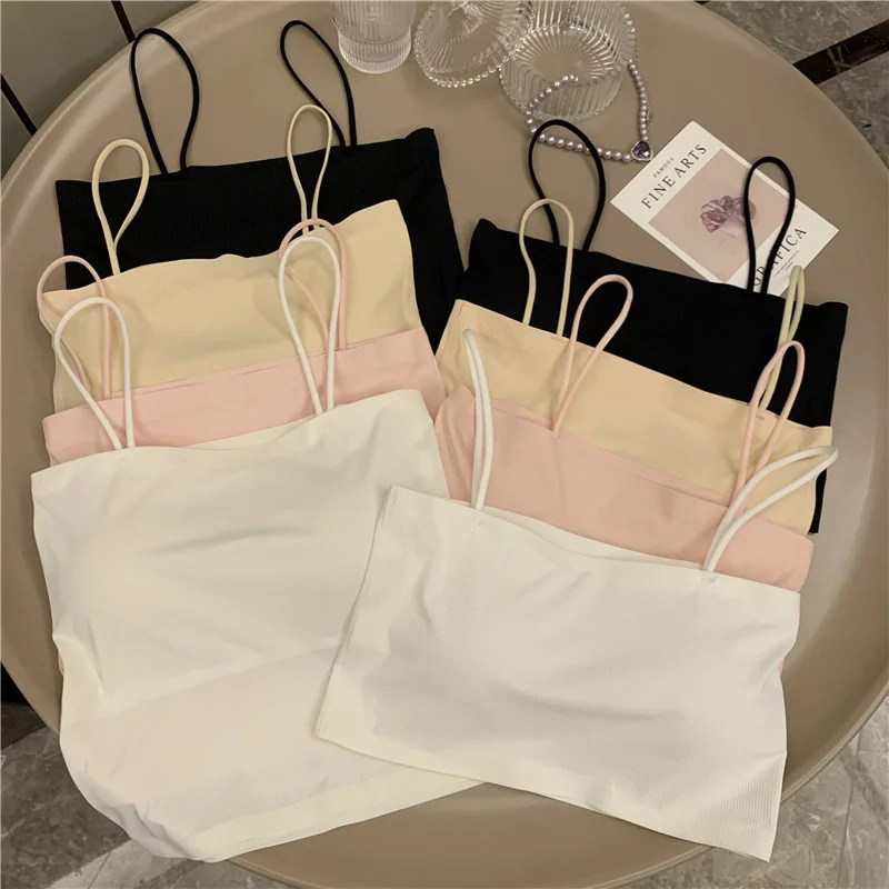 Шелковый топ на бретельках женский простой нижнее белье тонкий бесшовный без