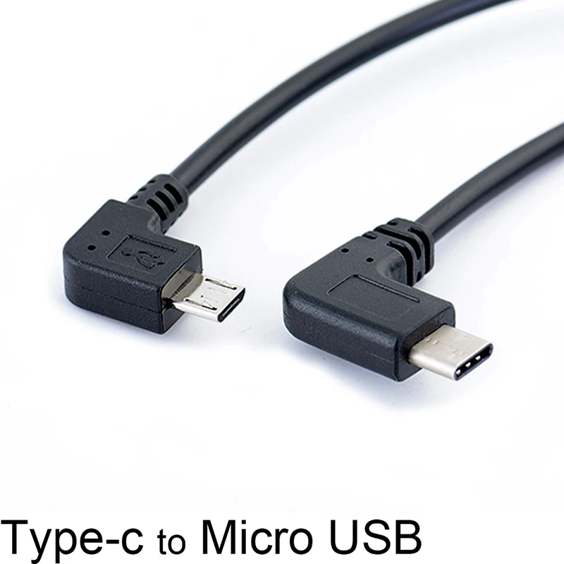 1pc Black Left Angle 90 Degree Micro USB to Type-c Cable Converter OTG Adapter Data Cord 25cm Cable