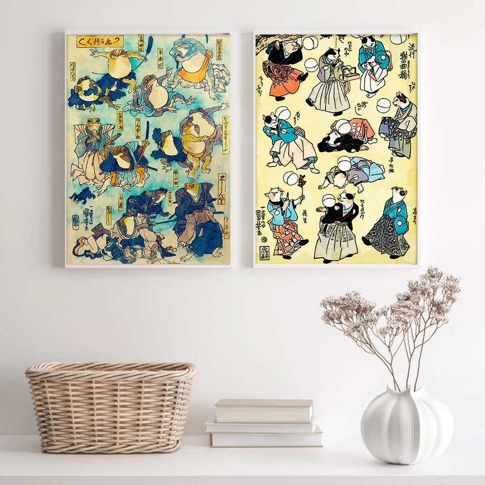 

Vintage Funny Frog And Cat Poster Canvas Art Print Japanese Woodblock Print Ugly Cute Toad Wabi Sabi Wall Art Canvas Painting