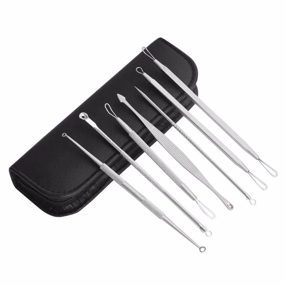 

7pcs Blackhead Remover Tool Kit Face Skin Care Tools Spot Comedone Acne Needle Clip Pimple Tweezer Blemish Extractor + Bag