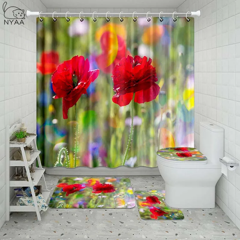 Vixm водонепроницаемые занавески для ванной комнаты с красными цветами мака набор