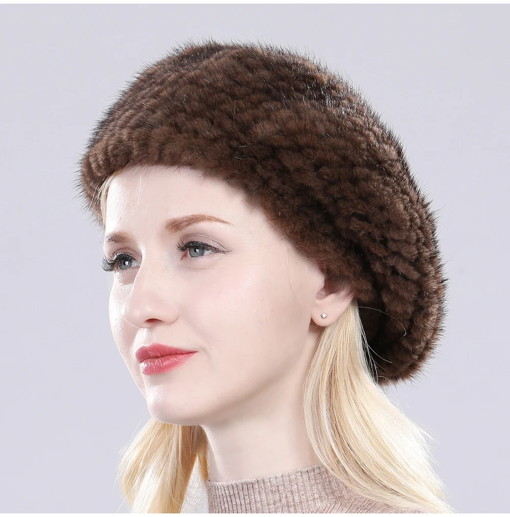 Hot Sale Russia Women Winter Real Mink Fur Berets Hat Hand Knitted Real Natural Mink Fur Cap Lady Luxury Real Mink Fur Hats