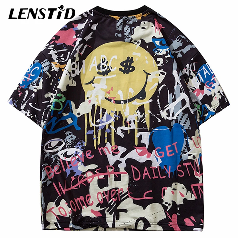 LENSTID Мужская футболка со смайликом и граффити Harajuku 2020 уличная в стиле хип-хоп