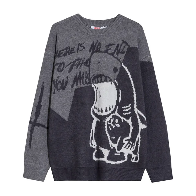 

Kawaii Shark cartoon design loose Korean version youth sweater for men and women autumn/winter 2021 fashion patchwork knitwear