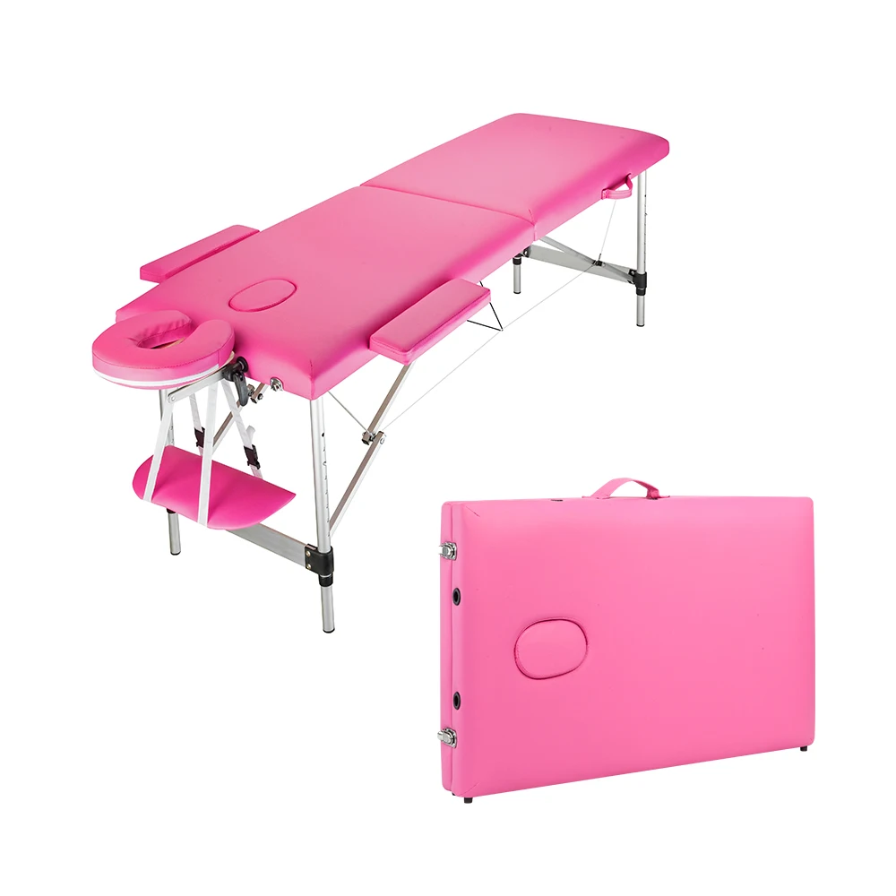 

2 Sections 185 x 60 x 63cm Foldable Beauty Bed Folding Portable Aluminum Foot Beauty Massage Table 60CM Wide Pink