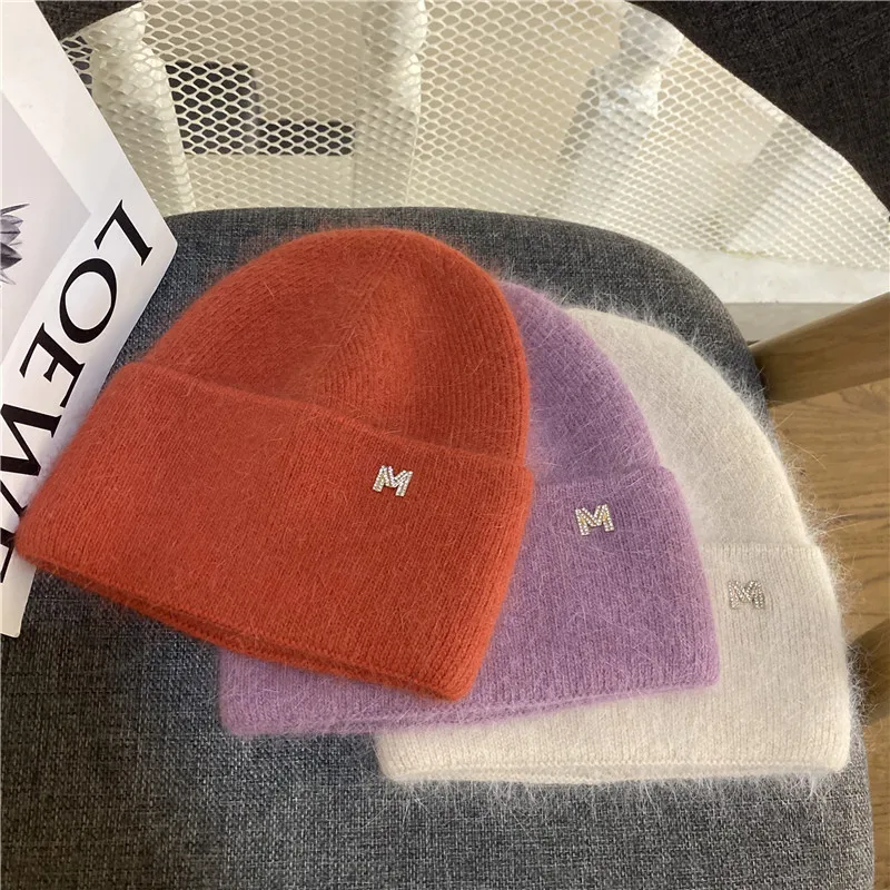 

Famous Brand Rabbit fur Knitted Skullies Beanies Women's Winter Hat Warm Couple M Letter Hat Tide Street Hip-hop Wool Cap