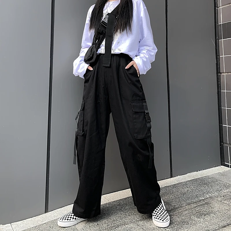 Женские прямые брюки-карго ins свободные хипстерские штаны с большими карманами и