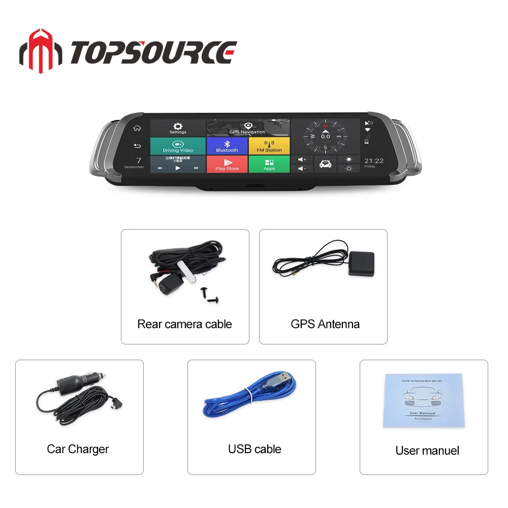 Автомобильный видеорегистратор TOPSOURCE Android 10 дюймов/4G двойной объектив зеркало